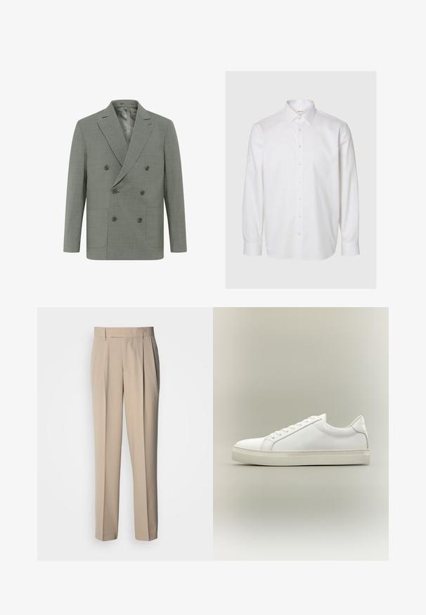 Dobbeltbrystet blazer i lys grå stof med klapkrave, fire knapper, to forlommer og en glat indvendig foret.; Hvid langærmet skjorte lavet af bomuld, med klassisk krave, knapper foran og knapper ved manchetterne. Glat tekstur uden synlige mønstre.; Beige højttaljede bukser med læg og lige pasform, med en glat tekstur uden synlige pynt eller mønstre.; Hvid lavtop sneaker med snørebånd foran og tyk sål, vist fra siden mod en neutral baggrund.