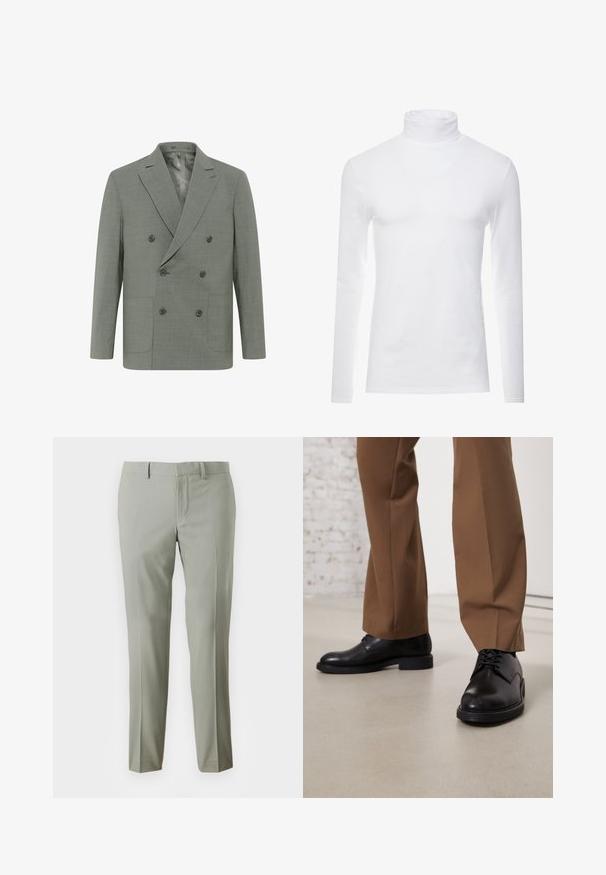 Dobbeltbrystet blazer i lys grå stof med klapkrave, fire knapper, to forlommer og en glat indvendig foret.; Hvid langærmet turtleneck skjorte lavet af blødt, strækbart materiale. Har en høj krave og et tætsiddende design, som giver en strømlinet silhuet.; Lys grå bukser med skræddersyet pasform, der har glat stof, lige ben og en ensfarvet talje uden synlig hardware.; Sorte læder sko med glat overflade og rund tå, der har snørebåndslukning og en lav, flad sål. Sammen med brune bukser.