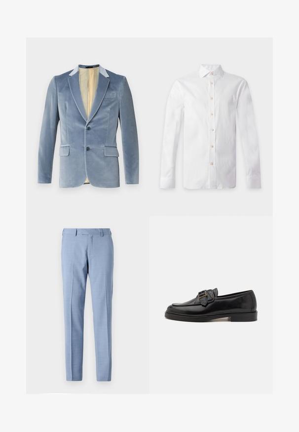 Blazer de terciopelo azul claro con dos botones, solapas con muesca y dos bolsillos frontales. El interior cuenta con un forro de color crema. Textura súper suave.; Camisa blanca de vestir de manga larga con botones beige, cuello puntiagudo y puños con botones, mostrada plana sobre un fondo claro.; Pantalones de vestir azul claro hechos a medida con parte delantera plana, bolsillos laterales, trabillas para cinturón y corte recto en una superficie lisa.; Mocasines de cuero negro con punta redonda y un acento decorativo de hebilla. Tacón plano y sólido, con una textura suave en todo el zapato.