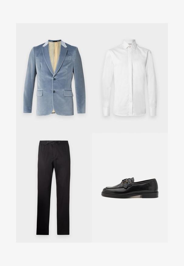Blazer en velours bleu clair avec deux boutons, revers en pointe et deux poches avant. L'intérieur est doté d'une doublure crème. Texture très douce.; Chemise blanche à manches longues en coton lisse avec un col pointu, une patte de boutonnage et des poignets boutonnés, présentant un design net et épuré.; Pantalons noirs avec une taille élastique et un cordon de serrage. Présente une texture lisse et une coupe droite. Style minimaliste sans motifs.; Mocassins en cuir noir avec un bout arrondi et une boucle décorative. Talon plat, solide et texture lisse sur l'ensemble.
