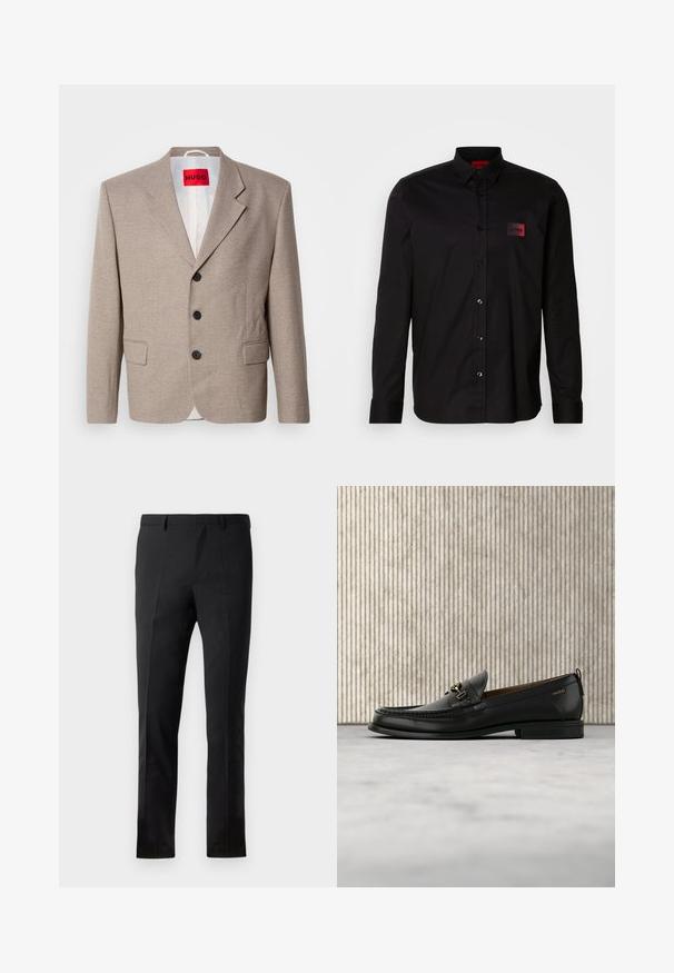 Veste beige ajustée avec épaules structurées, design à un seul bouton, trois boutons noirs, deux poches avant et étiquette HUGO en rouge.; Chemise noire à manches longues en tissu lisse, dotée d'une fermeture à boutons, d'un col classique et d'un petit patch de marque rouge sur la poitrine.; Pantalons noirs à coupe ajustée, avec un devant plat, deux plis, des passants de ceinture et une texture lisse. Aucune motif ou métal visible.; Mocassin en cuir noir avec mors en métal doré et logo "HUGO", présenté sur un tapis beige et un meuble translucide marron.
