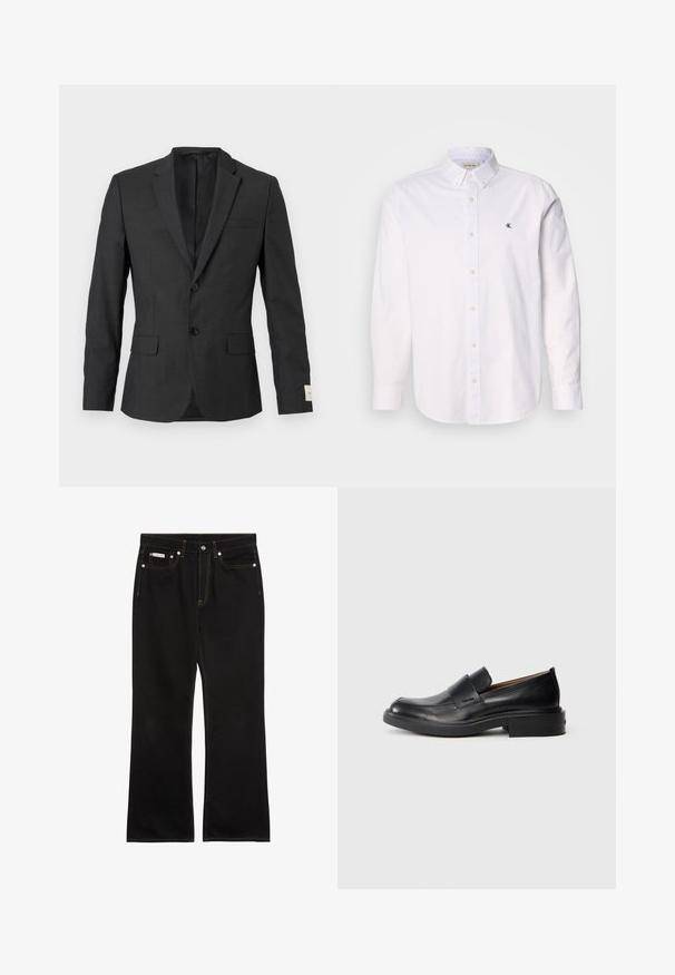 Blazer noir pour homme à deux boutons avec revers en cranté, poches à rabat sur le devant et une poche poitrine passepoilée, présenté sur un fond clair.; Chemise blanche à boutons en coton, avec un col classique, des manches longues, et un petit logo CK sur la poitrine gauche. Texture douce.; Jean noir droit avec coutures orange, cinq poches, fermeture par bouton, et une petite étiquette Calvin Klein sur la poche avant droite.; Chaussure habillée noire en cuir, à enfiler, avec un petit talon et un logo Calvin Klein discret sur le côté, présentée de profil sur un fond blanc.