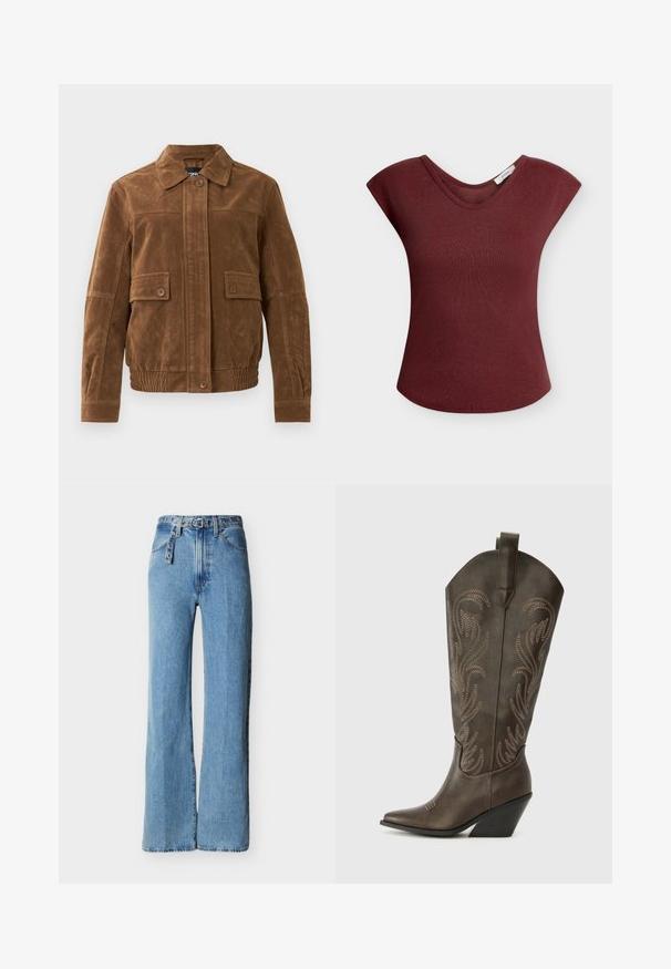 Veste en daim marron avec un col pointu, deux poches à rabat à l'avant avec des boutons, un ourlet élastiqué et une fermeture à boutons à l'avant.; Haut sans manches en maille côtelée rouge foncé avec un col rond et des épaules légèrement relevées.; Jean denim bleu clair taille haute avec jambes larges, cinq poches, et une ceinture en denim assortie avec œillets en métal et boucle.; Botte de cowboy en cuir marron avec un embout pointu, un talon compensé et des broderies décoratives. Dispose d'un long tige et d'une languette de tirage.