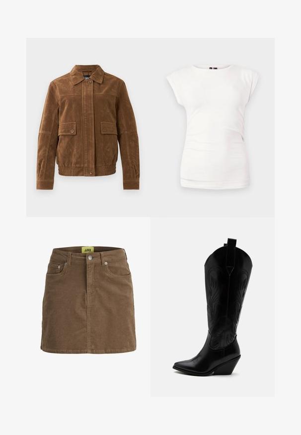 Veste en daim marron avec un col pointu, deux poches à rabat à l'avant avec des boutons, un ourlet élastiqué et une fermeture à boutons à l'avant.; T-shirt blanc ajusté à manches courtes avec col rond sur fond uni, avec un léger détail froncé sur le côté.; Mini-jupe en velours côtelé marron avec boutons et fermeture éclair à l'avant, passants pour ceinture et poches avant, avec une étiquette jaune JJXX à l'intérieur de la ceinture.; Botte de cowboy en cuir noir avec bout pointu, talon bloc incliné, couture décorative et languettes en haut sur fond blanc.