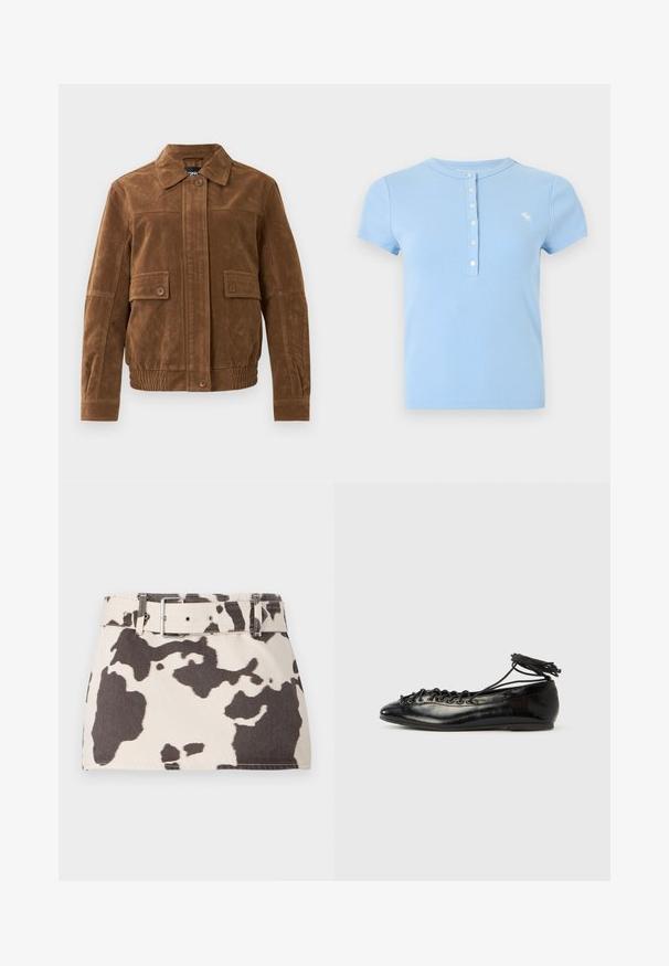 Veste en daim marron avec un col pointu, deux poches à rabat à l'avant avec des boutons, un ourlet élastiqué et une fermeture à boutons à l'avant.; T-shirt bleu clair côtelé à manches courtes avec un col rond, doté d'une patte de boutonnage et d'un petit logo brodé sur la poitrine.; Mini-jupe en denim à imprimé vache avec une taille ceinturée. Présente des formes marron foncé contrastantes sur un fond clair. Tissu texturé avec des coutures robustes.; Ballerines en cuir verni noir avec un bout rond, un design à lacets et une semelle plate. Texture lisse avec peu de détails.