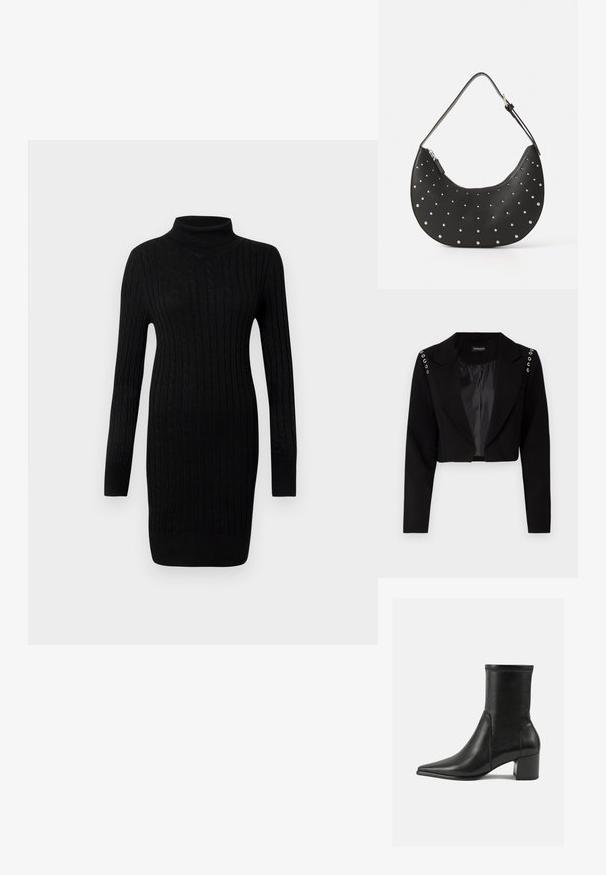 Blazer negro recortado con solapas, presenta arandelas plateadas en los hombros y un forro interior suave. Diseño ajustado, corte estructurado.; Vestido suéter de punto trenzado negro de manga larga con cuello alto, con puños y dobladillo acanalados sobre un fondo blanco liso.; Botín negro de tobillo hecho de piel suave, con punta afilada, tacón cuadrado y costura elevada distintiva en el borde superior.; Bolso de mano de cuero negro con forma curva, adornado con tachuelas plateadas, cuenta con cierre de cremallera y una sola correa ajustable.