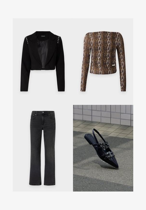 Blazer noir coupé avec un col en V, doté de œillets en argent sur les épaules et d'une doublure intérieure lisse. Design sur mesure, coupe structurée.; Top court à manches longues en imprimé léopard, avec une texture lisse, une palette de couleurs marron et noir, et un logo subtil en accent à l'ourlet.; Jeans en denim noir avec un design à jambe droite, cinq poches et des coutures visibles. Le tissu présente une texture douce avec une finition délavée.; Sandale plate noire à bout pointu avec plusieurs sangles à boucle et un talon arrière, positionnée au-dessus d'une surface pavée et d'un mur carrelé en arrière-plan.