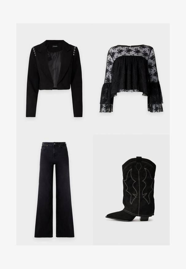 Blazer noir coupé avec un col en V, doté de œillets en argent sur les épaules et d'une doublure intérieure lisse. Design sur mesure, coupe structurée.; Blouse noire à manches longues en forme de cloche, présentant un corsage texturé à rayures et une superposition en dentelle florale transparente. Encolure arrondie et fermeture à boutons dans le dos.; Jean large taille haute noir avec poches avant, passants de ceinture et fermeture à bouton.; Botte de cowboy en suede noir avec un bout pointu, un petit talon et des coutures décoratives blanches, présentant un motif en forme de flamme sur la tige.