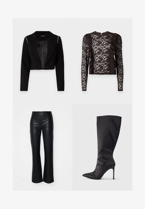 Korporeret sort blazer med notch-krave, der har sølvfarvede øjer på skuldrene og et glat indvendigt foer. Skræddersyet design med struktureret pasform.; Brun blondelangeærmet top med blomstermønster, der har flæser på siderne og en rund halsudskæring med knaplukning på ryggen.; Sorte faux læder flared bukser med en glat tekstur, der har en tætsiddende talje og let flagrende ben, designet til at give en slank silhuet.; Sort knæhøj stiletstøvle lavet af glat, glansfuldt materiale; spids tå; tætsiddende pasform med let samling nær anklen; skinnende hæl.
