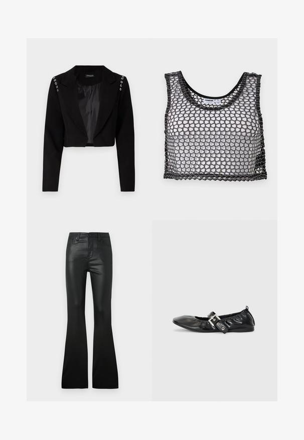 Korporeret sort blazer med notch-krave, der har sølvfarvede øjer på skuldrene og et glat indvendigt foer. Skræddersyet design med struktureret pasform.; Sort ærmeløs crop top med bredt netstof og bølget kant, lagt fladt ud, der viser for- og indvendige etiketdetaljer.; Sorte flared bukser lavet af glat, skinnende materiale. Har frontlommer og knaplukning. Skræddersyet pasform gennem talje og hofter.; Sorte læder flade sko med spids tå, samling detaljer omkring åbningen, og en sølv spænde accent på den justerbare rem.