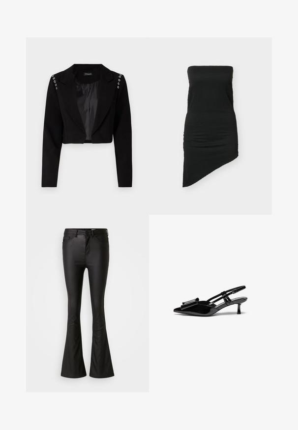 Korporeret sort blazer med notch-krave, der har sølvfarvede øjer på skuldrene og et glat indvendigt foer. Skræddersyet design med struktureret pasform.; Sort stropløs minikjole med tekstureret stof og asymmetrisk kant, figursyet silhuet.; Sorte flared jeans lavet af et blankt, glat materiale. Har høj talje, forlommer og en lynlås med knaplukning.; Sorte patenterede læderslingbacks med spids tå, en sløjfedetalje foran og en lille stilettohæle. Remmene har justerbare spænder.