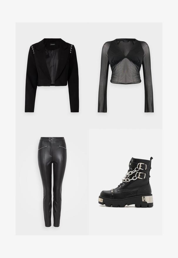 Korporeret sort blazer med notch-krave, der har sølvfarvede øjer på skuldrene og et glat indvendigt foer. Skræddersyet design med struktureret pasform.; Sort langærmet crop-top med gennemsigtige mesh-ærmer og mellemrumssektion, solid v-udskæring på overdelen og rynkede detaljer ved taljen.; Sorte læderbukser med slim fit, der har lodrette sømme, en lynlåslomme på hver side og en knaplukning i taljen.; Koi Footwear SHACKLED SHADOWS HEAVY DUTY CHAIN - Cowboy- / bikerstøvlette - black