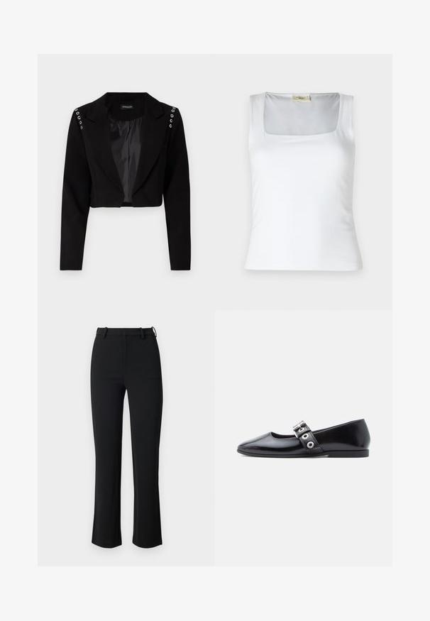 Korporeret sort blazer med notch-krave, der har sølvfarvede øjer på skuldrene og et glat indvendigt foer. Skræddersyet design med struktureret pasform.; Hvid top med firkantet halsudskæring lavet af glat stof. Har brede stropper og en tætsiddende silhuet. Ingen synlige mønstre eller dekorationer.; Sorte bukser lavet af et glat, strækbart stof, med en tætsiddende talje, bæltesløjfer og let flared ben med sideslids.; Sort laklæder flad sko med firkantet tå, sidespænde detalje og en lav, rund hæl. Glat tekstur og minimalistisk design.