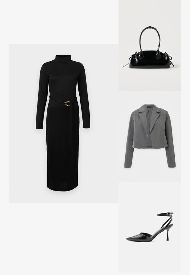 Blazer gris court avec revers cranté, manches longues et devant ouvert, présenté sur fond blanc.; Robe midi noire à manches longues et col roulé, avec une coupe slim et une fine ceinture ornée d'une boucle dorée à la taille, présentée sur un fond blanc.; Escarpin noir à bout pointu avec fines brides de cheville et fermeture à boucle argentée sur fond clair uni.; Petit sac à main noir brillant avec deux longues anses et des détails à cordon sur les côtés sur un fond clair uni.