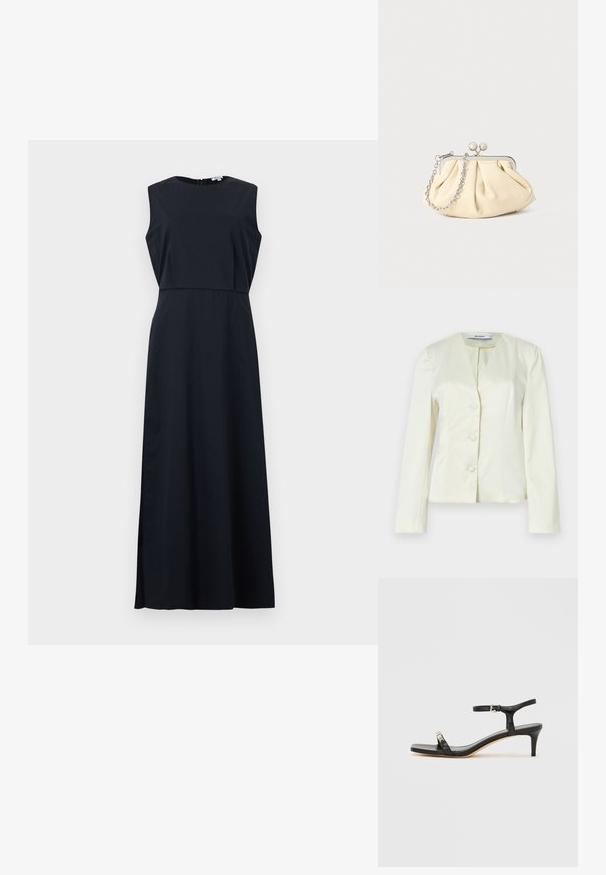 Veste blanche ajustée avec manches longues, col en V et trois boutons sur le devant. Confectionnée en tissu lisse avec une coupe structurée.; Robe maxi noire sans manches avec corsage ajusté et encolure ronde, présentant un détail superposé subtil à la taille.; Sandale noire en cuir à talon avec bride à la cheville, bout ouvert, devant carré et accent en métal argenté. Design ajusté avec un profil élégant.; Pochette en cuir beige plissé avec un cadre en métal argenté, dotée de deux fermoirs ronds décoratifs et d'une chaîne en argent.