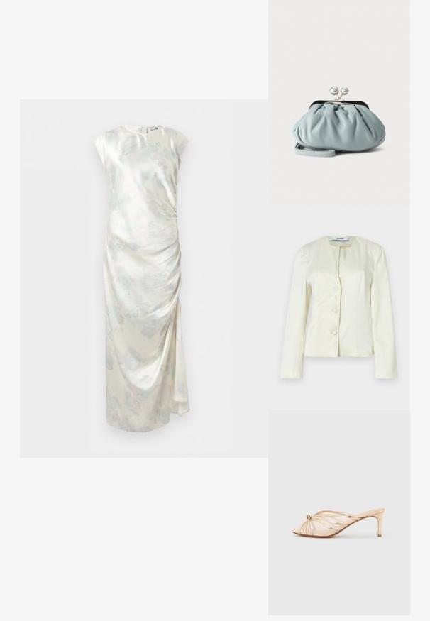 Veste blanche ajustée avec manches longues, col en V et trois boutons sur le devant. Confectionnée en tissu lisse avec une coupe structurée.; Robe longue en satin sans manches de couleur crème pâle avec un motif floral subtil et un détail froncé sur un côté.; Sandale mule à bout ouvert en or métallique avec un talon fin de hauteur moyenne et des lanières fines croisées sur un fond neutre.; Petit porte-monnaie en cuir bleu clair avec fermoir métallique argenté de type kiss-lock et court bracelet de poignet sur fond uni.