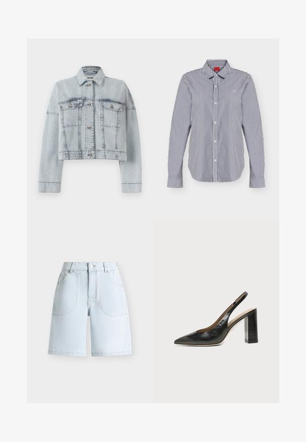 Lys blå denimjakke med en cropped design, der har to forlommer, knaplukning og en klassisk krave. Glat tekstur og syede detaljer.; Langærmet, knappet skjorte med lodrette sorte og hvide striber, klassisk krave og diskret broderet logo på brystet.; Lyseblå denimshorts med forreste knap og lynlås, to afrundede forlommer og bæltestropper på en ensfarvet baggrund.; Sort læder peep-toe slingback sko med høj blokhæl og beige indvendig foring mod en ensfarvet lys baggrund.
