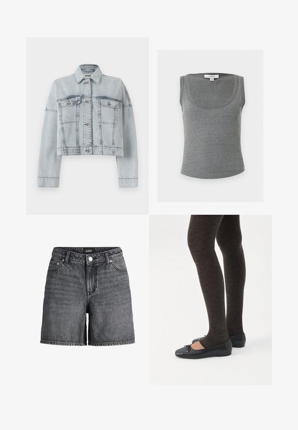 Lichtblauwe spijkerjas met een cropped ontwerp, voorzien van twee voorzakken, knoopsluiting en een klassieke kraag. Gladde textuur en gestikte details.; Grijs geribd mouwloos tanktopje met ronde halslijn, met een klein wit Topshop-label aan de achterkant binnen in de kraag.; Zwart gewassen denim shorts met voorste knoop, lussen voor een riem, voorzakken en een JXX-label op de tailleband.; Benen met donkere geribbelde leggings gecombineerd met zwarte ballerina's met kleine strikdetails op een witte achtergrond.