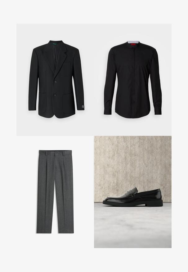 Sort blazer lavet af glat stof, med en nedskåret revers, to frontlommer, to knapper og et diskret logo på ærmet.; Sort langærmet skjorte med mandarin-krave, lavet af et glat stof, med knaplukning foran og diskrete designdetaljer.; Grå formelle bukser med sildebensmønster, bæltestropper, knaplukning og frontplisser.; Sort poleret læderloafer flydende over beige tæppe med orange gennemsigtigt møbel i baggrunden.