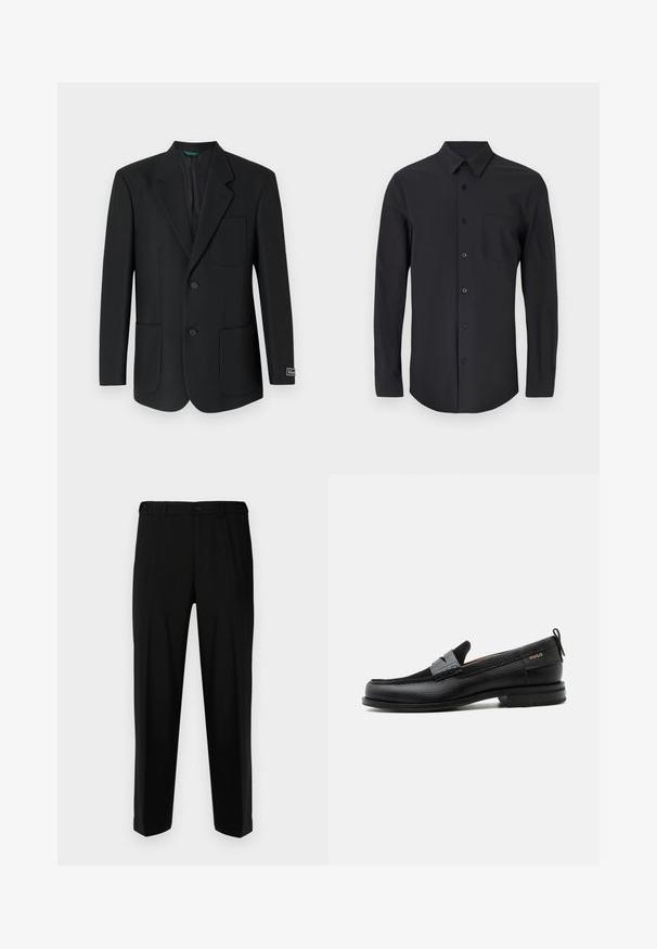 Zwarte blazer van soepel materiaal, met een notch-kraag, twee voorzakken, twee knopen en een subtiele logo op de mouw.; Zwarte langslavend shirt in een gladde stof met een klassieke kraag, knoopsluiting en een borstzak aan de linkerkant.; Zwarte broek van gladde stof, met een rechte snit, twee voorzakken en een ritssluiting met knoopsluiting.; Zwarte leren loafer met grijs riemdetailelement, lage hak en gestructureerde zool, aan de zijkant gebrandmerkt met "HUGO" in goud.