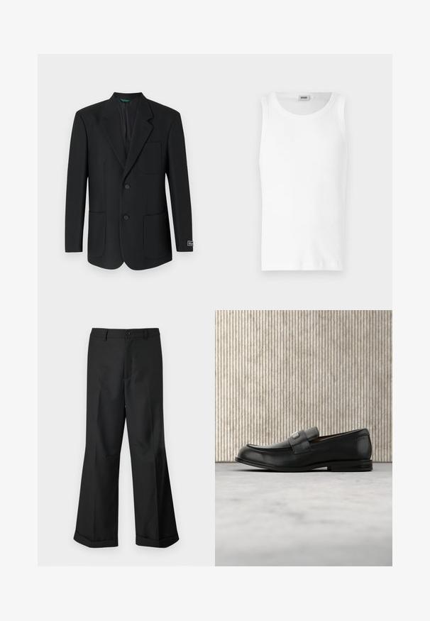 Sort blazer lavet af glat stof, med en nedskåret revers, to frontlommer, to knapper og et diskret logo på ærmet.; Hvid bomulds tanktop uden ærmer med rund halsudskæring og en glat tekstur. Enkel design, ingen mønstre eller accenter.; Sorte vide benbukser med knappet talje og opslåede ben, præsenteret mod en ensfarvet hvid baggrund.; Sort læderloafer med metalbrandskilt hvilende nær et brunt rundt bord på beige tæppe.