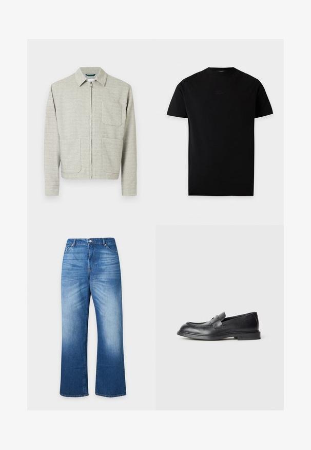 Veste gris clair zippée en tissu texturé, avec un col pointu, deux poches avant et des manches longues à coupe droite.; T-shirt noir à manches courtes avec col rond et un petit texte brodé subtil sur la poitrine, présenté sur un fond blanc.; Jean en denim bleu avec taille haute, jambes droites larges, bouton sur le devant et poches, présenté sur fond blanc.; Mocassins en cuir noir avec une finition texturée, dotés d'une bride décorative à l'avant et d'un bout arrondi. Semelle en caoutchouc pour plus de durabilité.