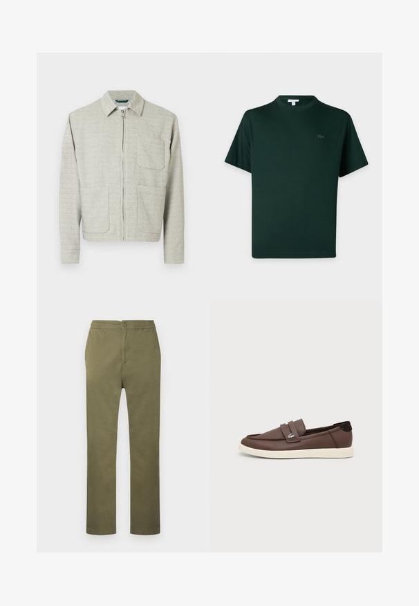 Veste gris clair zippée en tissu texturé, avec un col pointu, deux poches avant et des manches longues à coupe droite.; T-shirt vert foncé à manches courtes avec col rond et petit logo brodé sur le côté gauche de la poitrine.; Pantalon en coton léger de couleur vert olive avec une taille élastiquée, une fermeture à boutons, et une coupe droite. Pas de motifs ou accents visibles.; Mocassin en cuir marron avec semelle en caoutchouc blanche, design slip-on et petit logo crocodile métallique sur la lanière latérale.