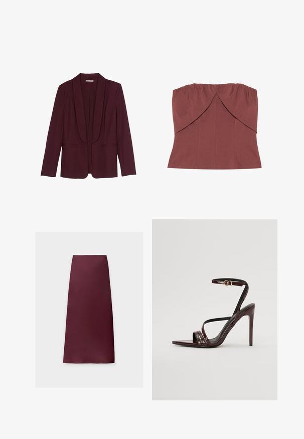 Blazer bordeaux avec un col châle, poches avant doubles et une texture de tissu lisse. Coupe structurée avec des manches longues et sans boutons.; Haut sans manches couleur brique avec encolure froncée, corsage ajusté et design frontal superposé. Fabriqué en tissu lisse et flexible.; Jupe midi droite de couleur bordeaux foncé unie, en tissu lisse sans motifs ni ornements visibles.; Sandale à talons hauts en cuir verni bourgogne avec une bride de cheville, bout pointu et trois bandes horizontales sur le pied. Détail de boucle dorée.
