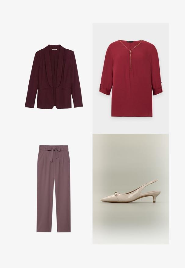 Blazer bordeaux avec un col châle, poches avant doubles et une texture de tissu lisse. Coupe structurée avec des manches longues et sans boutons.; Blouse bordeaux à manches longues avec demi-fermeture éclair dorée et poignets retroussés, présentant un col en V et une coupe décontractée.; Pantalons larges de couleur prune avec une taille ceinturée, un devant plissé et une texture lisse. Comprend des poches latérales et un design ajusté.; Chaussure slingback en cuir verni beige avec bout pointu, petit talon kitten et détail de bride décorative à l'avant.
