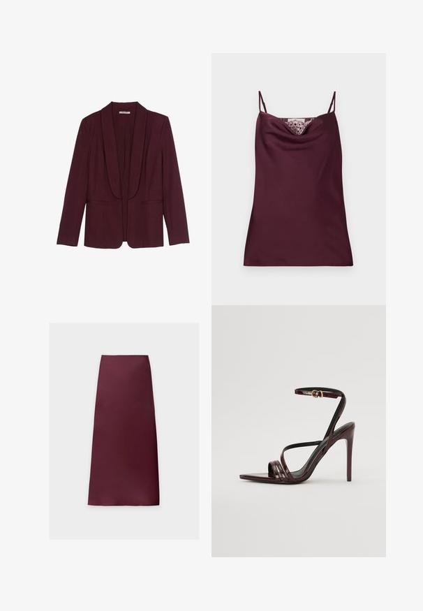 Blazer bordeaux avec un col châle, poches avant doubles et une texture de tissu lisse. Coupe structurée avec des manches longues et sans boutons.; Caraco en satin bordeaux profond sans manches avec fines bretelles réglables et détail en dentelle le long du décolleté bénitier.; Jupe midi droite de couleur bordeaux foncé unie, en tissu lisse sans motifs ni ornements visibles.; Sandale à talons hauts en cuir verni bourgogne avec une bride de cheville, bout pointu et trois bandes horizontales sur le pied. Détail de boucle dorée.
