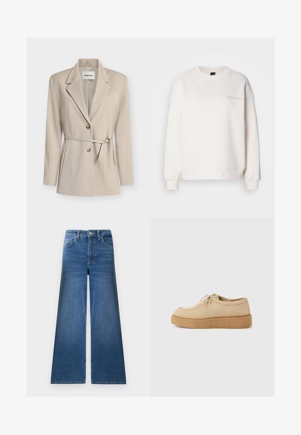 Blazer beige avec une coupe ajustée, revers crantés, fermeture à double bouton, taille ceinturée et poches latérales. Tissu lisse avec une texture subtile.; Sweatshirt blanc en mélange de coton. Il présente un col rond, des épaules tombantes et un texte brodé discret sur la poitrine.; Jean en denim bleu à jambes larges avec poches avant et arrière, passants pour ceinture et fermeture par bouton.; Chaussure beige en daim à lacets avec semelle épaisse en crêpe, petit talon et bout arrondi, vue de côté sur fond neutre.