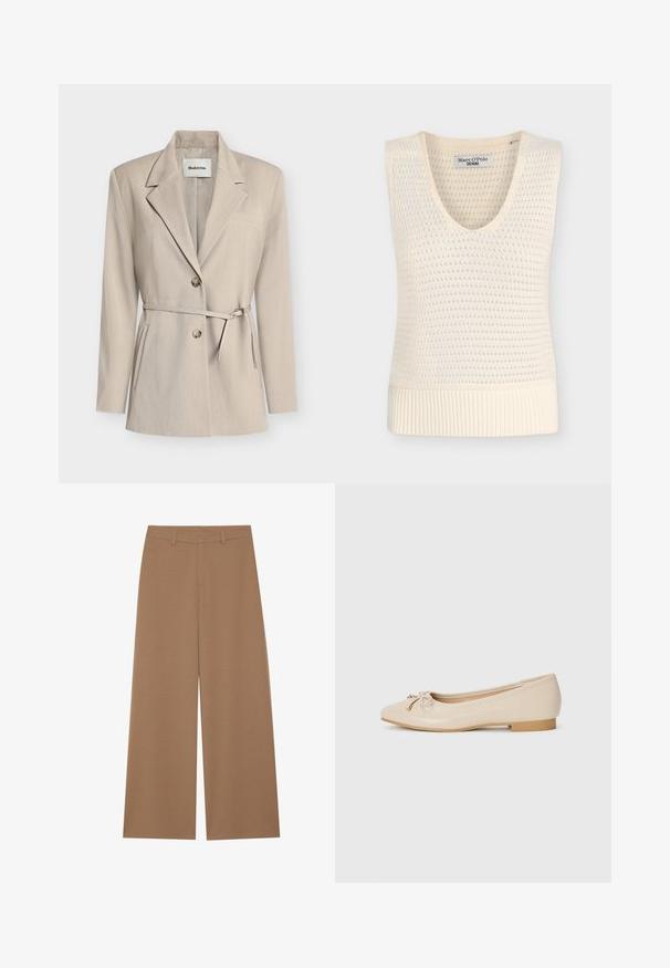 Blazer beige avec une coupe ajustée, revers crantés, fermeture à double bouton, taille ceinturée et poches latérales. Tissu lisse avec une texture subtile.; Gilet en maille sans manches couleur crème avec col en V et motif texturé, ourlet côtelé, étiqueté Marc O'Polo Denim.; Pantalons à jambes larges de couleur marron uni, fabriqués à partir d'un tissu texturé ; dotés d'une taille haute et d'un design structuré avec passants de ceinture.; Ballerines beiges en matériau synthétique lisse. Dotées d'un petit talon carré, elles présentent un détail noué avec des accents dorés à l'avant.