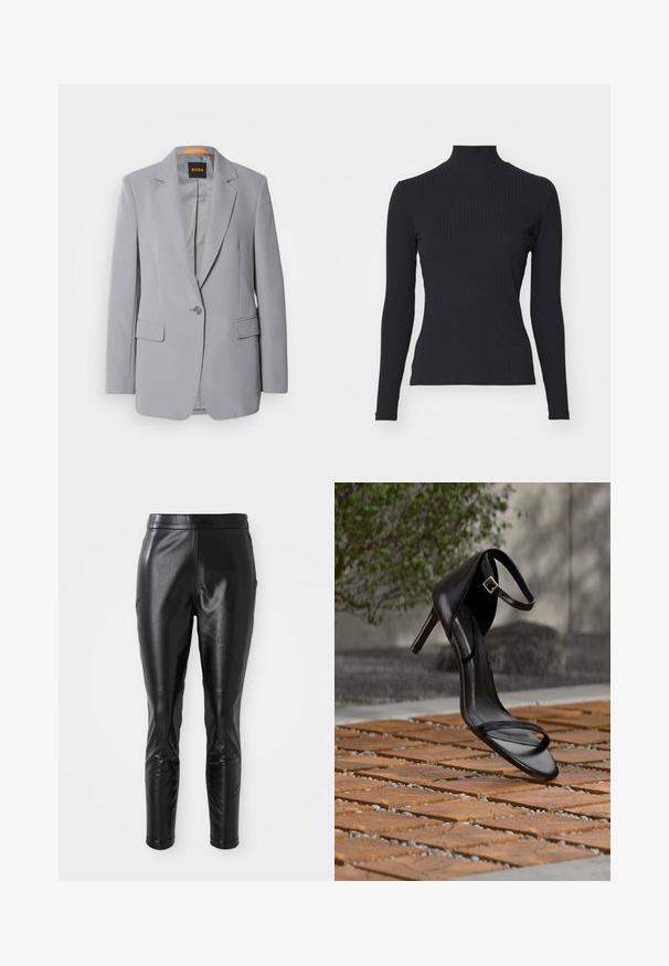 Lys grå blazer med en enkelt knaplukning, kliklapeller og to forlommer. Glat tekstur og orange foring indeni.; Sort ribbet turtle-sweater med lange ærmer. Lavet af strækbart stof med en tætsiddende pasform og høj krave. Enkel design uden udsmykninger.; Sorte læderbukser med slim fit, der har en glat tekstur og en høj talje. Detaljer inkluderer knæaccentuer for ekstra design.; Sort højhælet sandal med ankelsnor, der ser ud til at svæve over et trægulv udendørs med sløret grønt og sten i baggrunden.