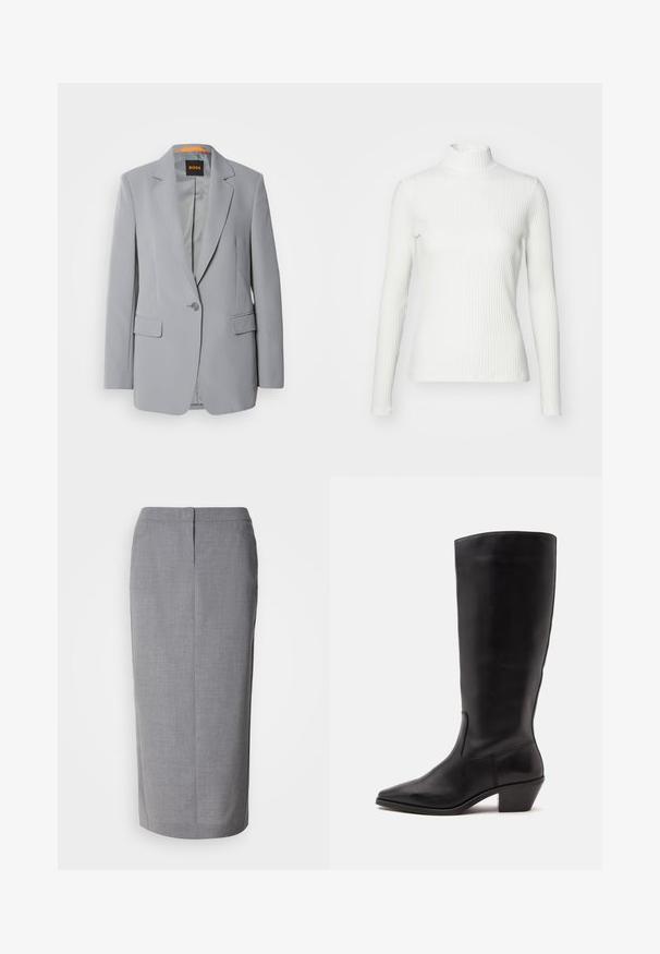 Lys grå blazer med en enkelt knaplukning, kliklapeller og to forlommer. Glat tekstur og orange foring indeni.; Hvid ribbet turtleneck blouse med lange ærmer, lavet af elastisk stof. Har et tætsiddende design og høj hals for god dækning.; Grå blyantskirt lavet af struktureret stof, med lige snit, bagslæb og skjult lynlås lukning bagpå.; Sort læderstøvle til midtkalv med spids tå og lavt skråt hæl på en enkel lys baggrund.