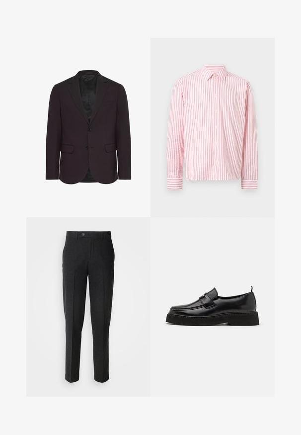 Blazer de color púrpura oscuro, de un solo botón con dos botones, con solapas muesca, dos bolsillos frontales y un interior forrado de satén. Textura suave.; Camisa de manga larga con botones y cuello, de tela blanca con rayas verticales rojas y botones color crema en la parte delantera.; Lindbergh Pantalones - black melange; Zapatos estilo mocasín de cuero negro con suela plana y texturizada, con puntera cosida y una correa a lo largo del empeine.