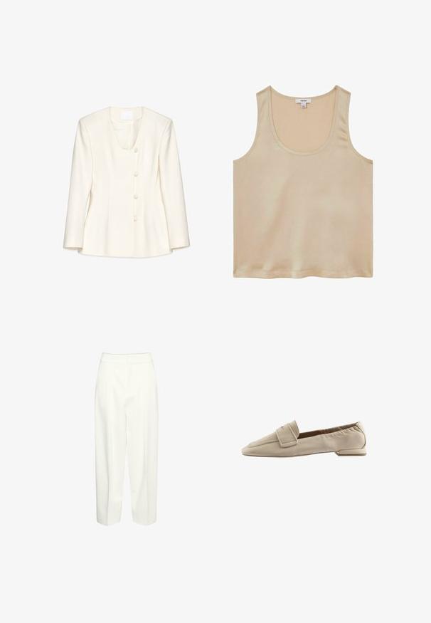Hvid skræddersyet blazer lavet af glat stof, der har en dyb scoop-halsudskæring og fem runde knapper fortil med subtile folder.; Reiss REGULAR FIT - Bluse - neutral; Hvide bukser med høj talje, lige ben, front-læg og skjult linning, vist mod en ensfarvet baggrund.; Beige loafers lavet af glat materiale med firkantet tå, syningsdetaljer og en lille flad hæl. Designet inkluderer en foldet klap.