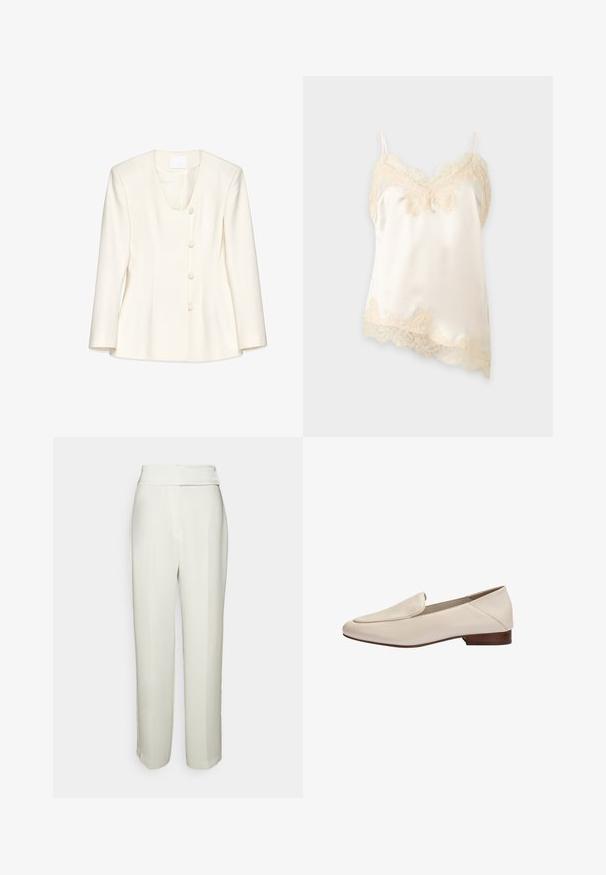 Hvid skræddersyet blazer lavet af glat stof, der har en dyb scoop-halsudskæring og fem runde knapper fortil med subtile folder.; Fløjlsfarvet satin camisole med delikat blonderkant langs halsudskæring, kant og tynde skulderstropper på en ensfarvet baggrund.; Halston KARTER WEDDING PANT - Bukser - chalk; Beige læderloafer med lavt træhæl og afrundet firkantet tå, sidevisning mod hvid baggrund.