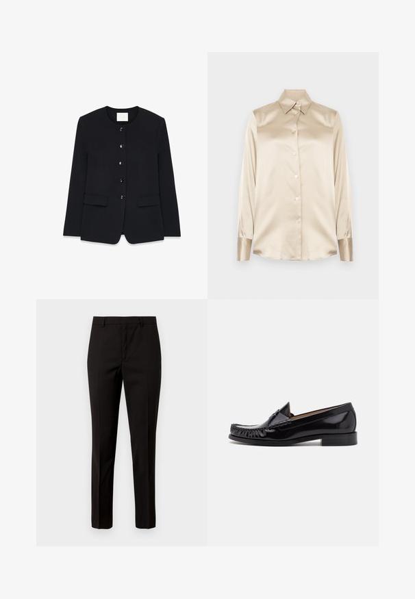 Sort skræddersyet jakke med rund hals, seks frontknapper og to sidelommer. Glat stof med en struktureret pasform og uden synlige mønstre.; Beige satin skjorte med spids krave, lange ærmer, knaplukning og manchetter i en lidt glattere finish. Ingen mønstre eller detaljer.; Sorte skræddersyede bukser med lige ben-design, lavet af glat stof, med flad front og bæltestropper. Ingen synlige mønstre eller accenter.; Sorte læder moccasin sko med en skinnende finish, der har frynsedetaljer langs fronten og en lav stabelhælk.