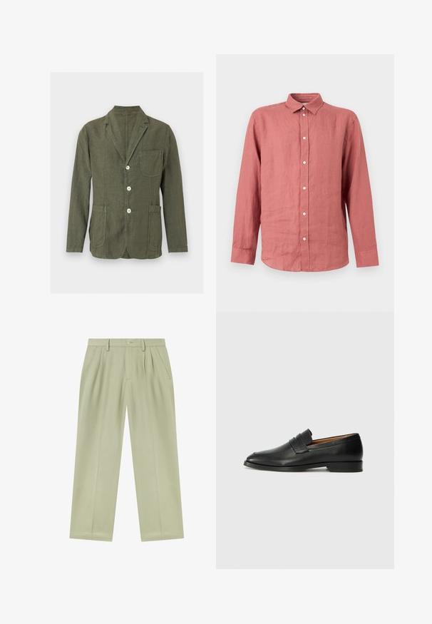 Blazer décontracté vert olive avec revers crantés, trois boutons blancs et trois poches plaquées à l'avant.; Chemise à manches longues boutonnée de couleur rose pâle avec un col classique et des boutons blancs, présentée sur un fond clair uni.; Pantalon beige clair à jambes droites avec passants de ceinture, plis devant, poches latérales et fermeture par bouton à la taille.; Mocassin en cuir noir avec un bout arrondi, des coutures subtiles et un talon bas, présentant une texture lisse et un design minimaliste.