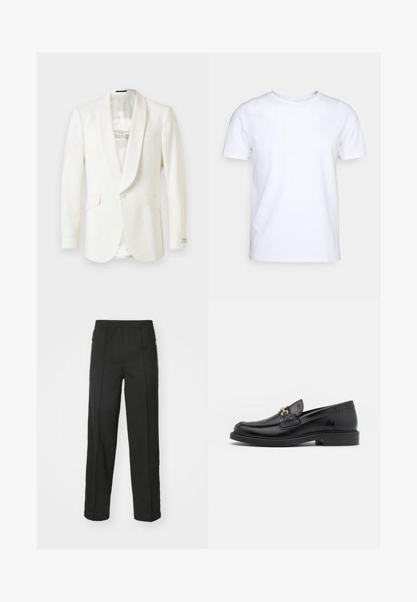 Hvid formel blazer med satin sjalskrave, enkelt knaplukning og to forlommer. Glat stof med skræddersyet silhuet.; Hvid kortærmet t-shirt i bomuldsstof med rund halsudskæring. Enkel design uden mønstre eller detaljer. Glat tekstur.; Sorte bukser lavet af strækbart stof, med lige snit, sidelommer med lynlås og en glat tekstur uden synlige mønstre.; Sorte læder loafers med en rund tå, der har guld hardware accent og syningsdetaljer, placeret på en lav, tekstureret gummisål.