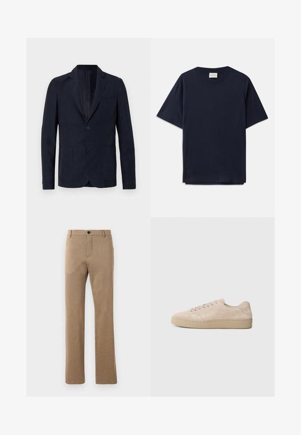OFFICINE GENERALE NEHEMIAH - Blazere - night sky; Mørkeblå bomulds T-shirt med korte ærmer, rund halsudskæring og en afslappet pasform. Etiketten siger "CLOSED" ved halsudskæringen. Glat tekstur.; Brune, skræddersyede bukser lavet af et struktureret stof med lige ben, der har en frontknaplukning og sidelommer.; Beige ruskinds sneaker med en rund tå, flade snørebånd og en tekstureret gummisål. Minimalistisk design med glatte kanter og diskret syning.