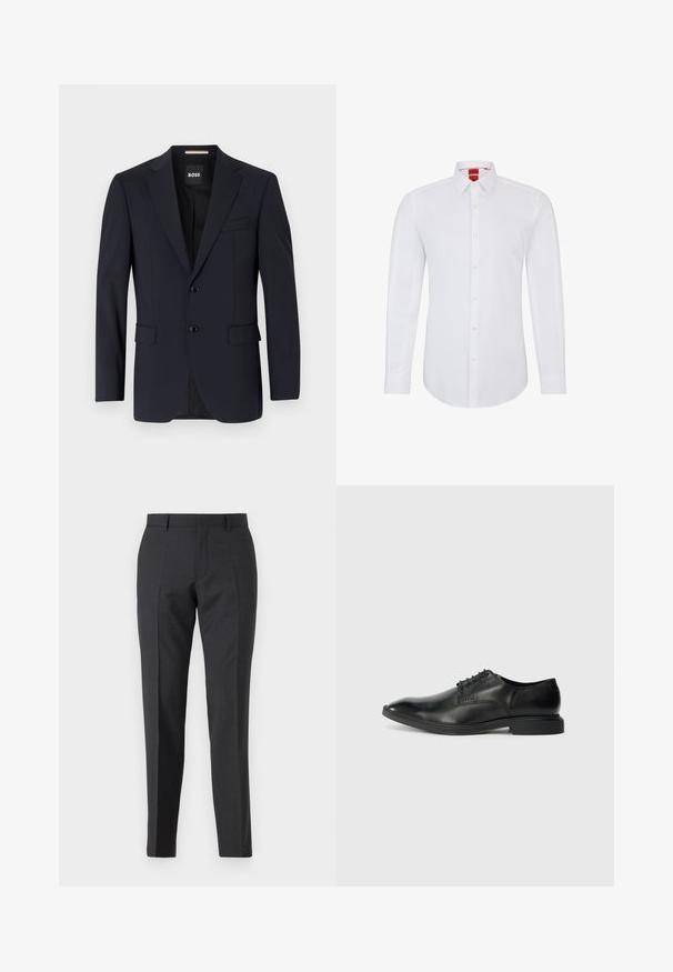 Blazer navy de tejido suave, con un cierre de dos botones, solapas con muesca y dos bolsillos frontales, además de un bolsillo en el pecho.; Camisa blanca de manga larga con cuello, que presenta un cierre frontal de botones y un tejido suave y liso. Sin patrones ni acentos visibles.; Pantalones de traje gris oscuro con un corte recto, que cuentan con bolsillos laterales y una textura sutil. Los cierres incluyen una cremallera y presillas para cinturón.; Zapato de vestir negro de cuero con una textura suave, punta afilada, diseño de cordones con seis ojales y un tacón rectangular bajo. Detalle de marca sutil en el lateral.