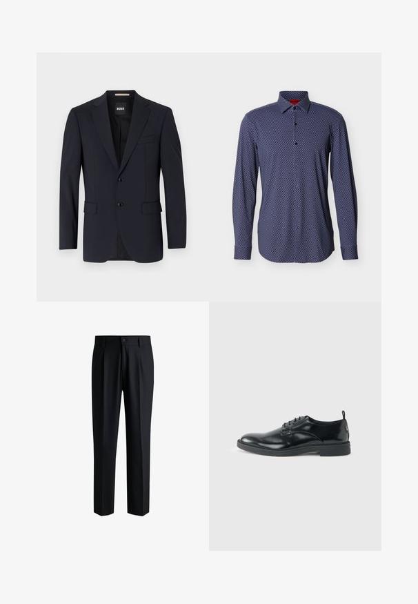 Blazer navy de tejido suave, con un cierre de dos botones, solapas con muesca y dos bolsillos frontales, además de un bolsillo en el pecho.; Camisa azul marino de manga larga con botones en la parte delantera, patrón de pequeños rombos blancos, tela suave, puños abotonados y diseño de cuello clásico.; Pantalones negros de tela suave, con un diseño de pierna recta, pliegues en la parte delantera y cierre de botón con trabillas para cinturón.; Zapato de vestir negro de cuero brillante con tacón bajo, cierre de cordones y puntera redonda, mostrado de lado sobre un fondo claro y liso.