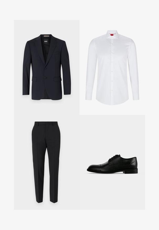 Blazer navy de tejido suave, con un cierre de dos botones, solapas con muesca y dos bolsillos frontales, además de un bolsillo en el pecho.; Camisa blanca de manga larga con botones, hecha de algodón suave. Presenta un cuello clásico, una botonera completa y un dobladillo redondeado.; Pantalones negros con un diseño a medida, con frente plano, detalles de pliegue y un corte ajustado. Fabricados con una tela suave para un aspecto refinado.; Zapato masculino formal oxford de piel negra con cordones cerrados, puntera con tapa y tacón bajo apilado, mostrado desde el lado exterior.