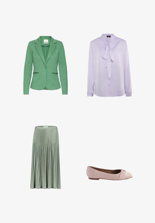 Grüner Blazer mit abgesetztem Revers, einer Knopfverschluss und zwei vorderen Taschen. Aus strukturiertem Stoff gefertigt, mit einer taillierten Passform.; Lavendel Bluse mit Schleifenkragen, langen Ärmeln und Knopfverschluss. Glattes Material mit leichtem Glanz und minimalistischem Design.; Hellgrüner, plissierter Midirock mit einem enger anliegenden Bund, der oben schmale und zum Saum hin weitere Falten aufweist.; Helle rosa Ballerinas aus glattem Material, mit runder Zehenpartie und einem kleinen geknoteten Detail an der Oberseite. Flache Sohle.