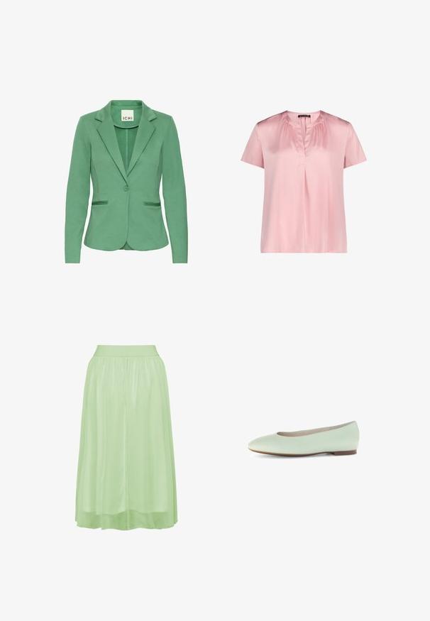 Grøn blazer med klapkrave, enkelt knaplukning og to forlommer. Fremstillet af struktureret stof med en skræddersyet pasform.; Pink kortærmet bluse med rund halsudskæring og frontplissédetalje, lavet af glat, skinnende stof.; Lysegrøn, gennemsigtig nederdel med elastisk talje. Let og luftig design, knælang, glat tekstur og rynkedetalje ved taljen.; Lys mintgrøn læder balletflad med en rund tå, minimalistisk design og flad sål, der har en glat tekstur uden udsmykninger.