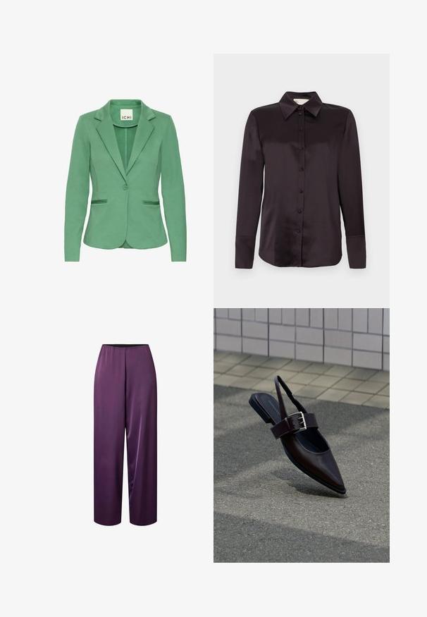 Blazer verde con solapa muesca, cierre de un solo botón y dos bolsillos frontales. Hecho de una tela texturizada, presenta un corte ajustado.; Camisa negra de satén de manga larga con cuello clásico, botones delanteros y puños; textura suave con un ligero brillo.; Pantalones pantalón ancho de raso morado con cintura alta y parte delantera lisa, mostrados sobre un fondo blanco.; Zapato plano de punta afilada color marrón oscuro con tira trasera y hebilla grande plateada sobre asfalto cerca de una pared con azulejos.