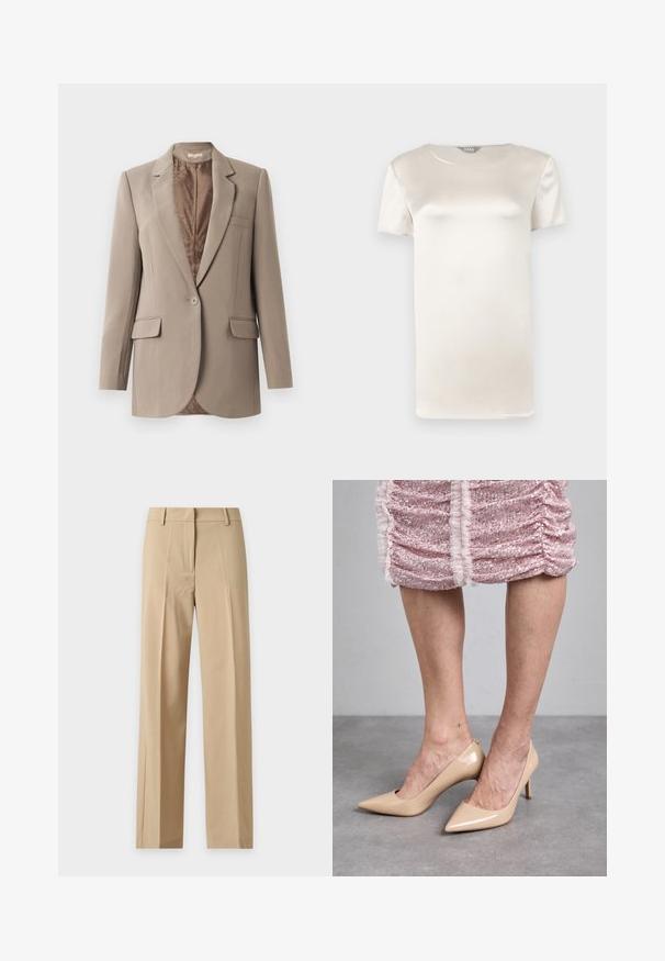 Blazer beige en tissu lisse, avec un revers à cran, fermeture à un bouton, et deux poches avant, avec une doublure marron contrastante.; Blouse en satin ivoire à manches courtes, avec un col rond et une finition de tissu lisse et brillante.; Pantalon beige droit avec passants pour ceinture, pli à l'avant et fermeture avant dissimulée, présenté sur un fond uni clair.; Talons hauts en cuir verni beige avec une pointe fine et un talon élancé. Texture lisse avec un design épuré. Portés avec une robe rose pailletée.