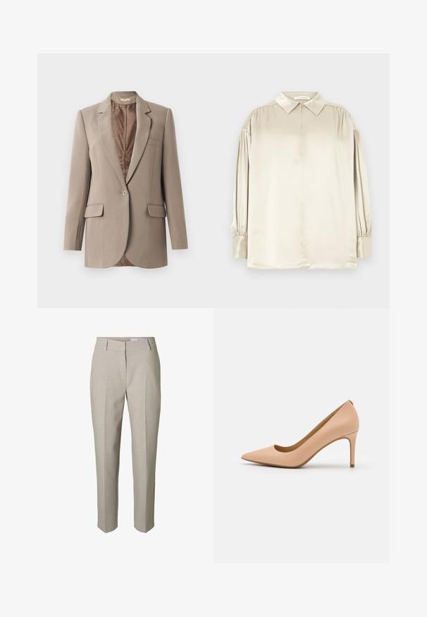 Beige blazer lavet af glat stof, med en notched lapel, en enkelt knaplukning og to frontlommer, med en kontrasterende brun foret.; Beige satin langærmet bluse med spids krave, knappede manchetter og subtile rynker ved skuldrene, lagt fladt.; Beige skræddersyede bukser med bæltestropper, lynlås foran og pressede læg ned langs benene, vist mod en hvid baggrund.; Nude læder højhælede pumper med spids tå, glat tekstur og en slank hæl. Minimalistisk design med lav udskæring.