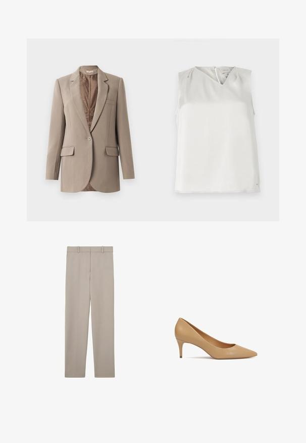 Beige blazer lavet af glat stof, med en notched lapel, en enkelt knaplukning og to frontlommer, med en kontrasterende brun foret.; Ærmeløs hvid bluse med V-udskæring, diskrete folder ved skuldrene og lynlåslukning bagpå, vist på ensfarvet baggrund.; Beige, lige bukser med bæltestropper og et rent, minimalistisk design, vist fladt på en hvid baggrund.; Beige læder pumps med høj hæl, spids tå og slank hæl på 5 cm; glat tekstur og minimalistisk design uden pynt.